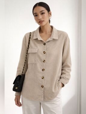 Nasty Gal Womens Corduroy Button-Up Shirt Beige 4